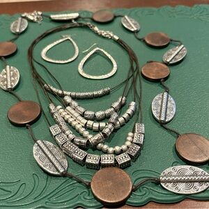 Premier Silver and Brown Multi-Layer Necklace and Earring Set